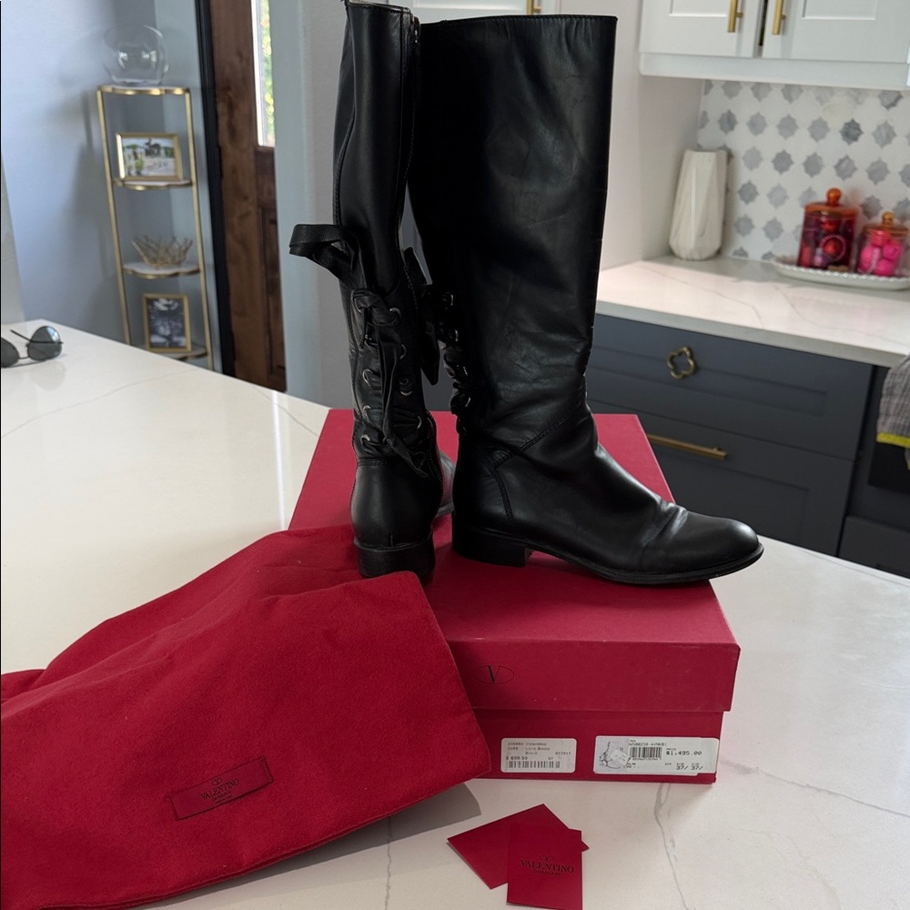 Valentino Black Leather Lace-Back Riding Boots